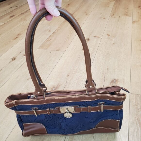 AMERICAN LIVING Shoulder Bag Purse Leather Canvas Navy Blue Logo Print Stitch - Picture 1 of 16